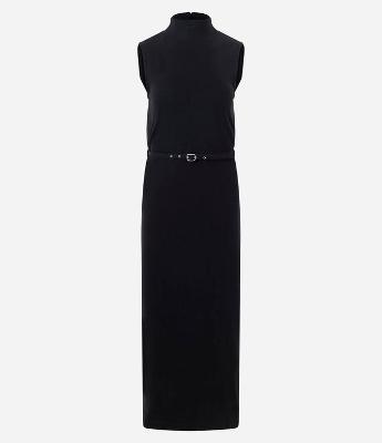 Vestido Longo em Ribana com Gola Alta e Cinto Fino