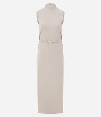 Vestido Longo em Ribana com Gola Alta e Cinto Fino