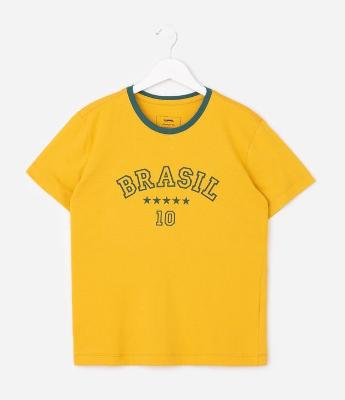 Camiseta Infantil em Algodão com Estampa Brasil - Tam 5 a 14 Anos