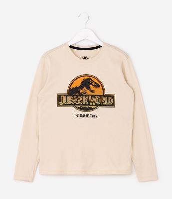 Camiseta Manga Longa Jurassic World em Relevo - Tam 5 a 14 Anos
