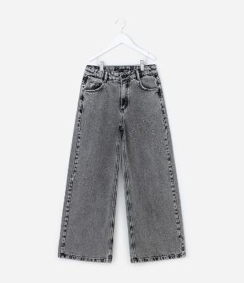 Calça Wide Leg Infantil em Jeans com Estrelas de Brilhos - Tam 5 a 14 Anos