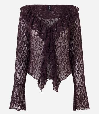 Blusa Bata em Renda com Aplicação de Brilho e Babados
