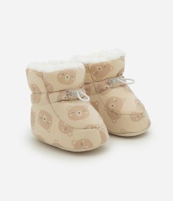 Pantufa Bota Acolchoada com Estampa de Ursinhos - Tam 0 A 12 Meses