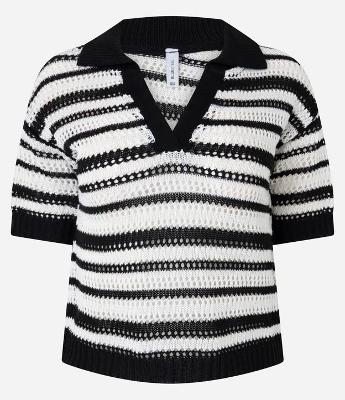 Blusa Polo em Tricô Listrado com Ponto Aberto