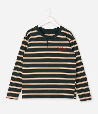 Camiseta Manga Longa Listrada Henley - Tam 5 a 14 Anos