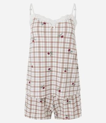 Pijama Curto com Estampa Xadrez e Renda Aplicada