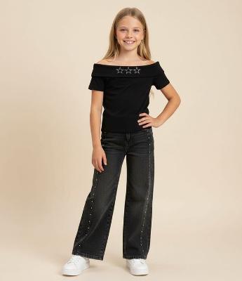 Calça Jeans Preta com Tachas Laterais - Tam 5 aos 16 Anos
