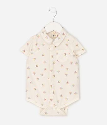 Body Camisa em Tricoline com Mini Ícones - Tam 0 a 18 Meses