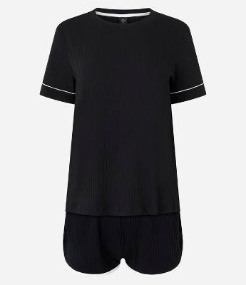 Pijama Curto em Ribana Canelado com Detalhes Contrastantes