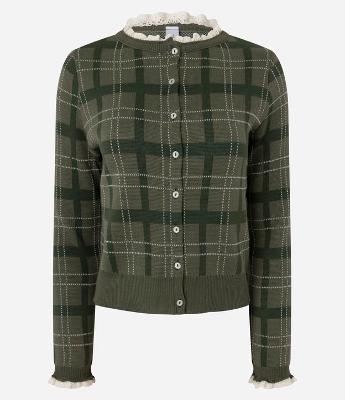 Cardigan em Tricô Xadrez com Detalhe de Renda