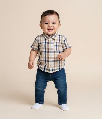 Camisa Infantil em Tricoline Xadrez com Bolso – Tam 0 a 24 Meses