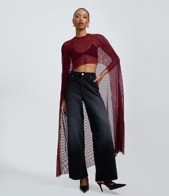 Blusa em Tule Listrado com Efeito Capa