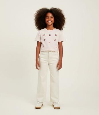 Camiseta Infantil Boxy com Bordados de Cerejas – Tam 5 a 14 Anos