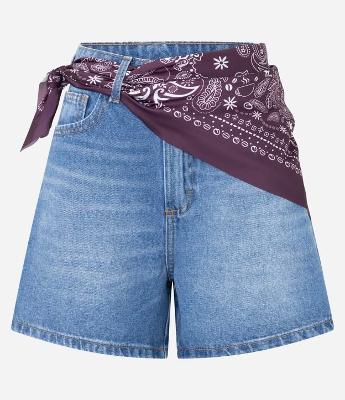 Short Jeans com Lenço Estampado na Cintura