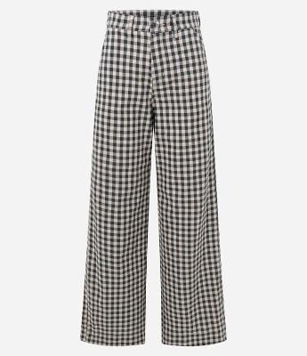 Calça Wide Leg em Sarja Xadrez com Cintura Média