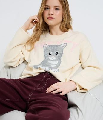 Blusa em Tricô com Estampa de Gato Fofinho