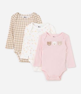 Kit 03 Bodies Bebê Manga Longa com Estampa Xadrez e Floral – Tam RN A 18 Meses