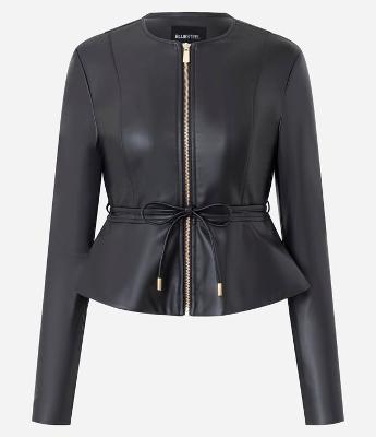 Jaqueta Peplum em PU com Cinto Ajustável e Zíper