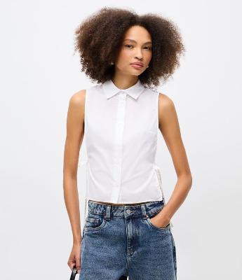 Blusa Avental em Tricoline com Gola Polo e Amarração Lateral