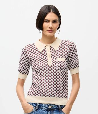 Blusa em Tricô com Gola Polo e Estampa Abstrata