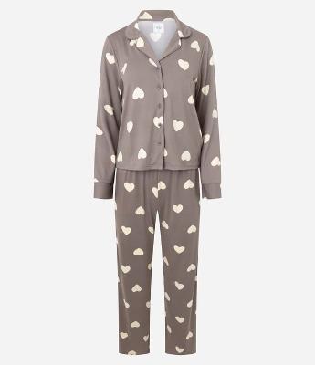 Pijama Longo Americano em Peach Touch com Estampa de Corações