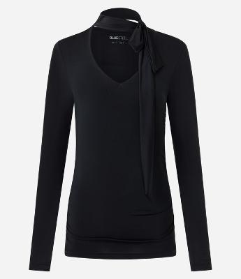 Blusa Franzida em Microfibra com Decote V e Gola Laço