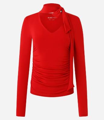 Blusa Franzida em Microfibra com Decote V e Gola Laço