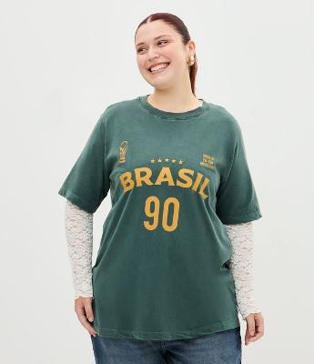 Camiseta Esportiva em Algodão e Lettering Brasil 90 Curve & Plus Size