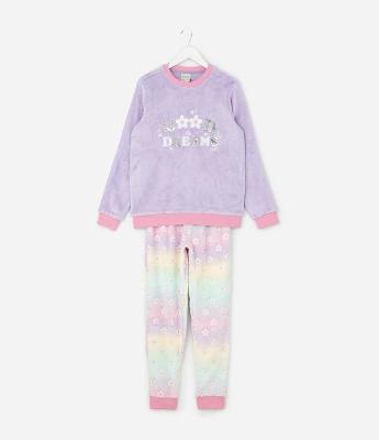 Pijama Infantil com Lettering Bordado e Paetês – Tam 5 a 14 Anos