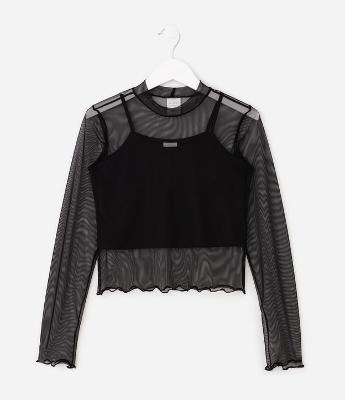 Blusa Infantil Manga Longa em Tule com Regata Interna – Tam 7 a 16 Anos