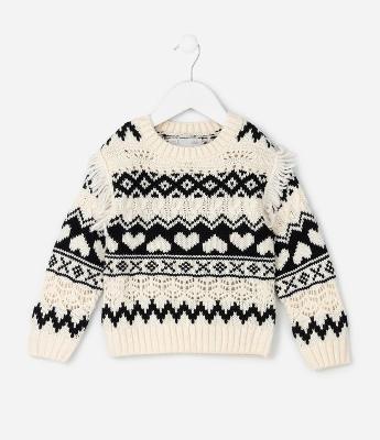 Casaco Infantil em Tricô Jacquard com Estampa Tribal e Franjas – Tam 1 a 6 Anos