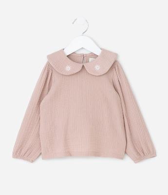 Blusa Infantil em Anarruga com Gola Boneca Bordada – Tam 1 a 6 Anos