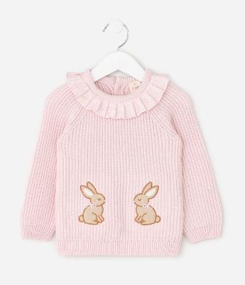 Blusa Infantil em Tricô com Gola Babado e Bordado de Coelho – Tam RN a 18 Meses