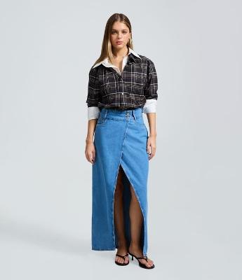 Saia Longa em Jeans com Fenda Frontal