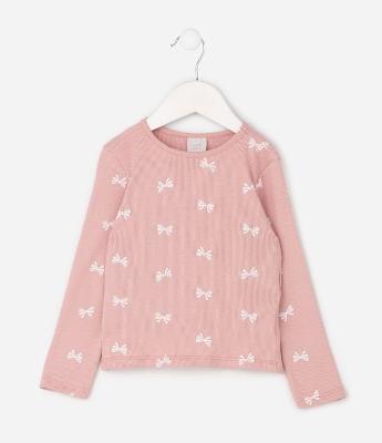 Blusa Infantil em Ribana com Estampa de Lacinhos - Tam 1 a 6 Anos