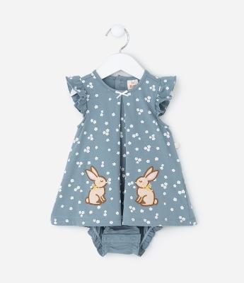 Vestido Body Infantil com Estampa Poá e Bordado Coelhinho – Tam 0 a 18 Meses