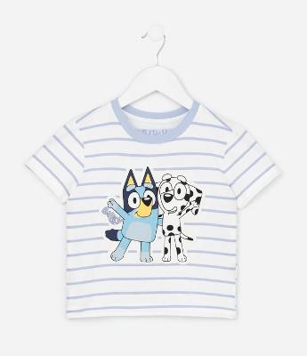 Camiseta Infantil com Listras e Estampa Bordada Bluey - Tam 1 a 8 anos