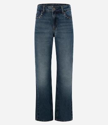 Calça Bootcut em Jeans com Cintura Baixa e Tachas nos Bolsos