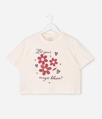 Camiseta Infantil Boxy com Flores e Paetês - Tam 5 a 16 Anos