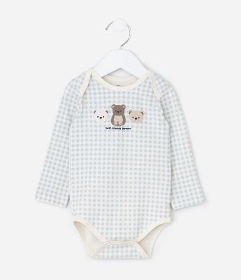Body Infantil em Cotton com Estampa Vichy Ursinhos – Tam RN a 18 Meses
