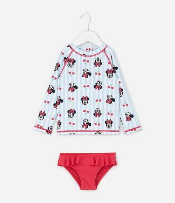 Conjunto Praia Infantil Minnie com Blusa UV - Tam 6 Meses aos 4 Anos