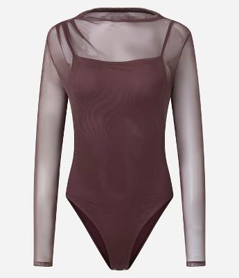 Body Manga Longa em Tule com Gola Alta