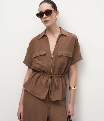 Blusa em Viscose com Zíper e Amarração Frontal
