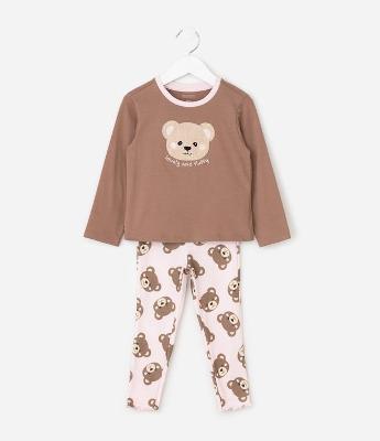 Pijama Infantil Longo em Algodão com Bordado de Ursinho - Tam 1 a 6 anos