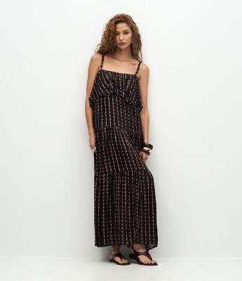 Vestido Longo Estampado com Aviamento nas Alças