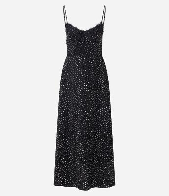 Vestido Longo com Estampa Poá e Renda no Decote