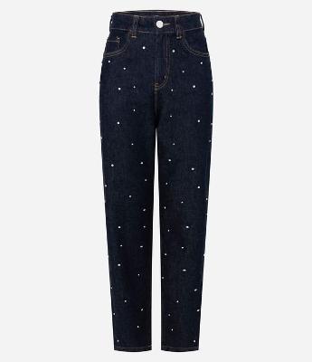 Calça Jeans Mom com Rebites e Cintura Alta