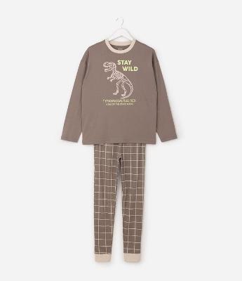 Pijama Longo Infantil com Estampa Dinossauro e Xadrez – Tam 5 a 14 Anos