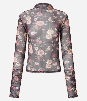 Blusa em Tule Estampado com Puxadinho na Manga