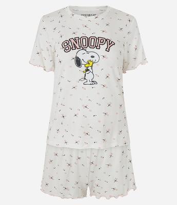 Pijama Curto em Viscolycra com Estampa Floral Snoopy